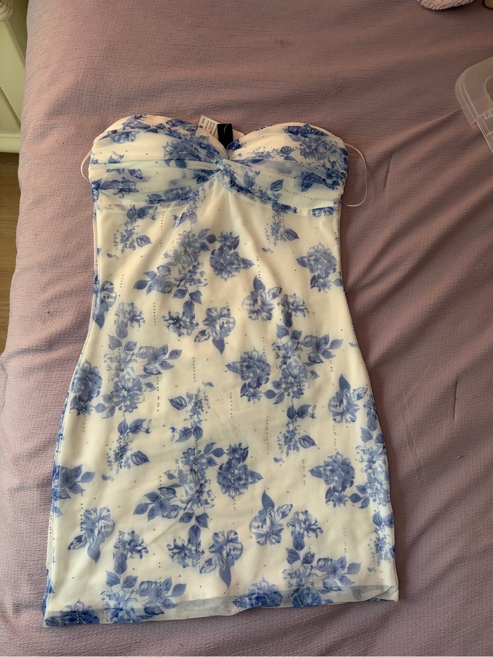 Strapless White Dress with Blue Floral Print